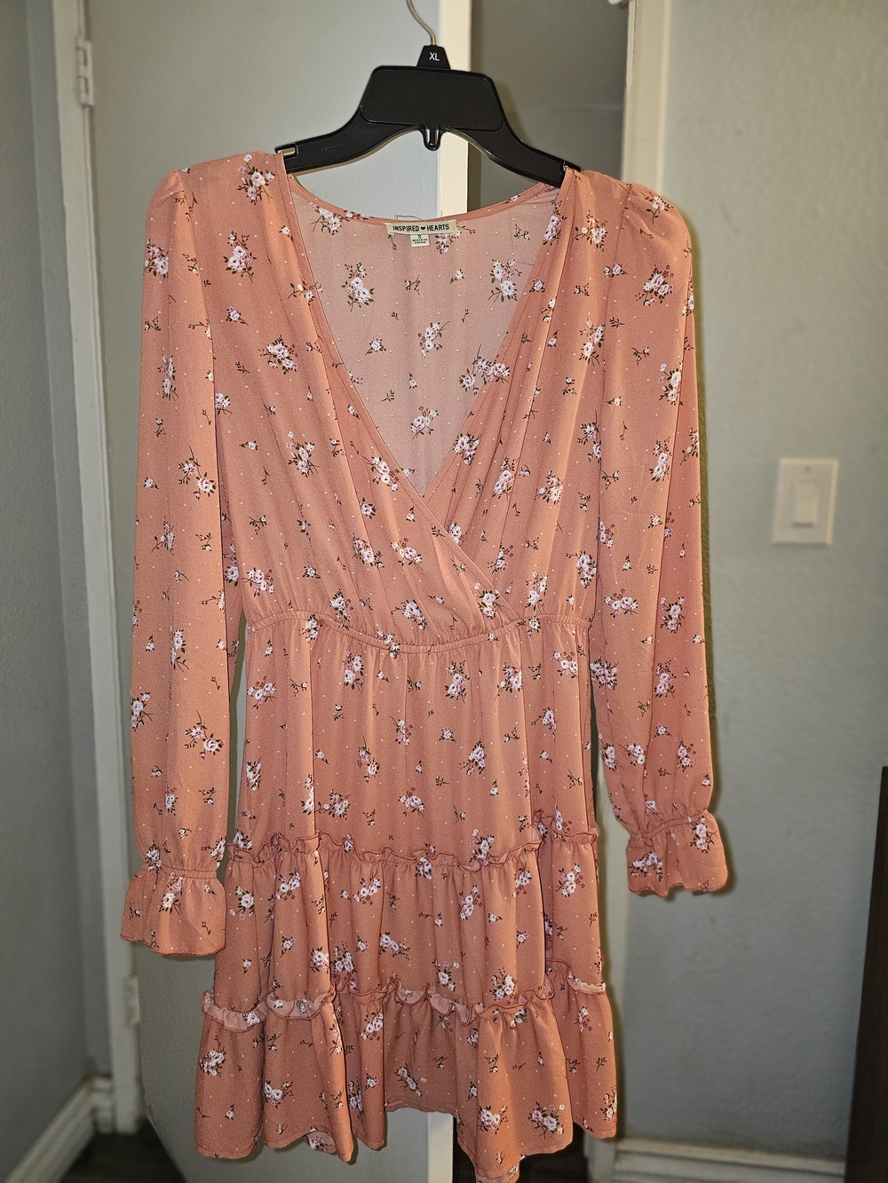 WILDFABLE Peach Floral Tiered Long Sleeve Dress